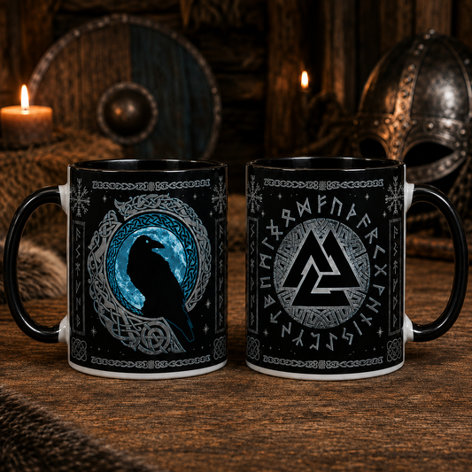 Odin Crow Valknut Viking Mug, Norse Mythology Crow Coffee Mug, Nordic Runes Two Tone Mug, Viking Gift