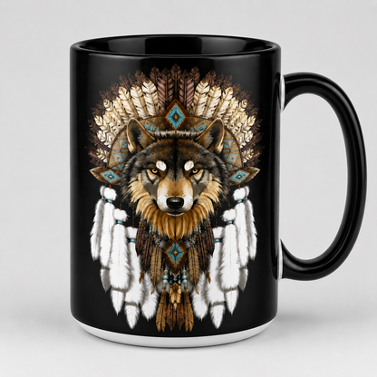 Listen to the Wind Wolf Mug, Native Inspired Wolf Coffee Mug, Spiritual Wolf Quote Two Tone Mug, Wolf Lover Gift