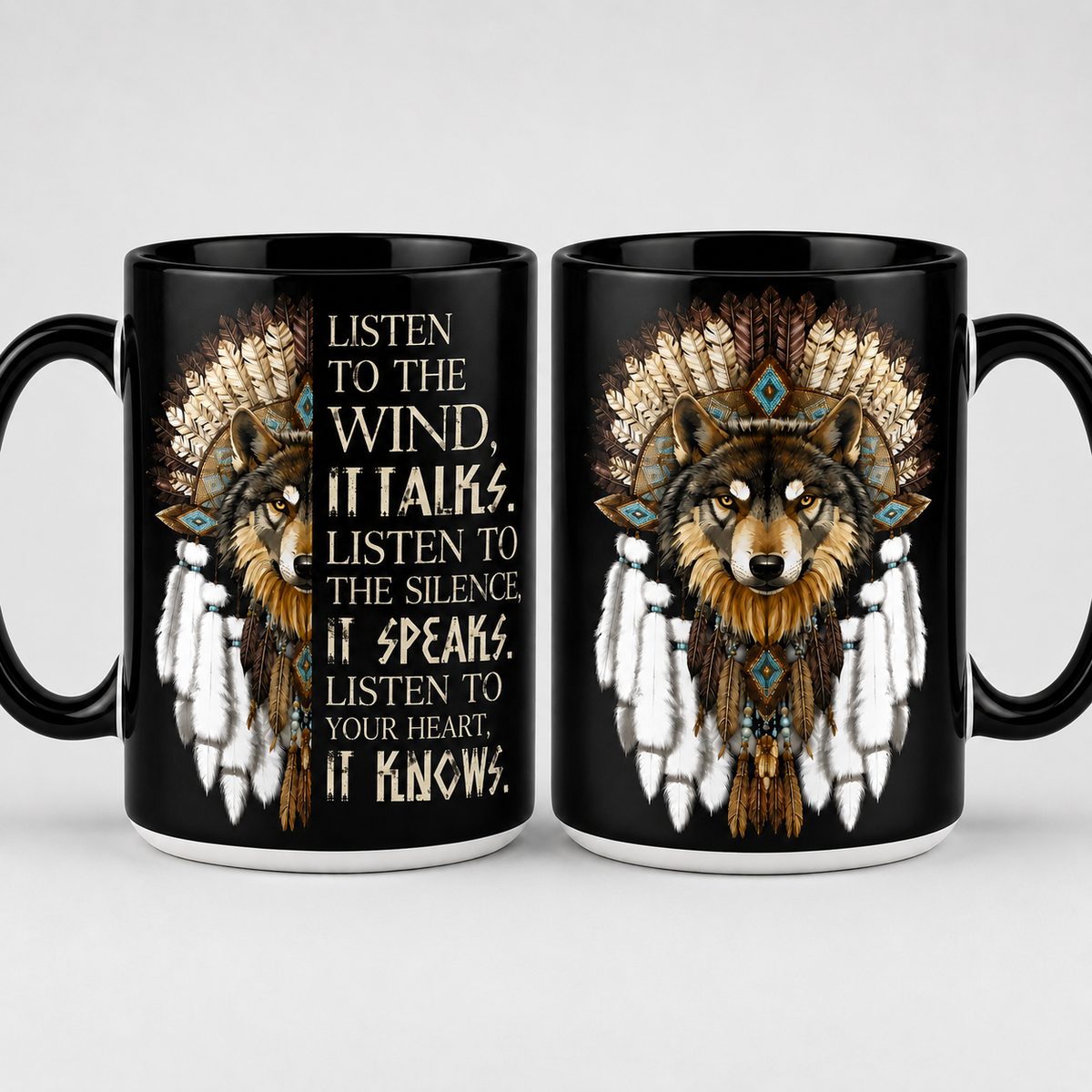 Listen to the Wind Wolf Mug, Native Inspired Wolf Coffee Mug, Spiritual Wolf Quote Two Tone Mug, Wolf Lover Gift