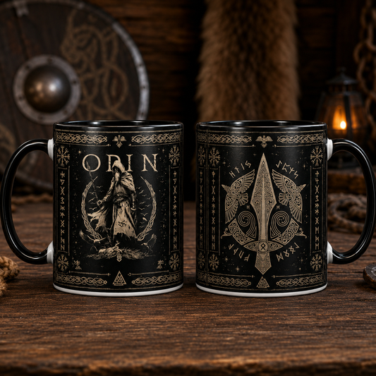 Odin Norse Mythology Mug, Viking Allfather Coffee Mug, Odin Spear & Ravens Nordic Rune Two Tone Mug