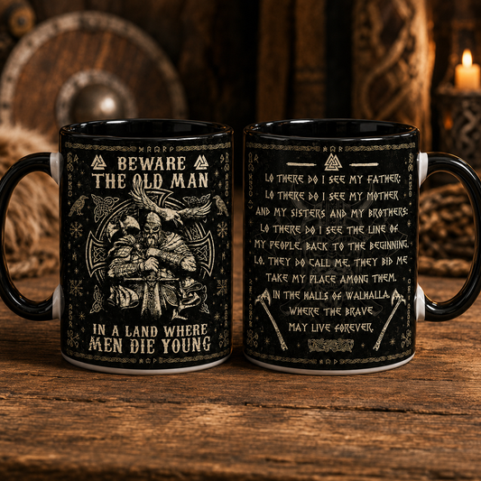 Valhalla Viking Mug, Beware The Old Man Norse Mythology Mug, Viking Warrior Rune Coffee Mug, Valhalla Gift