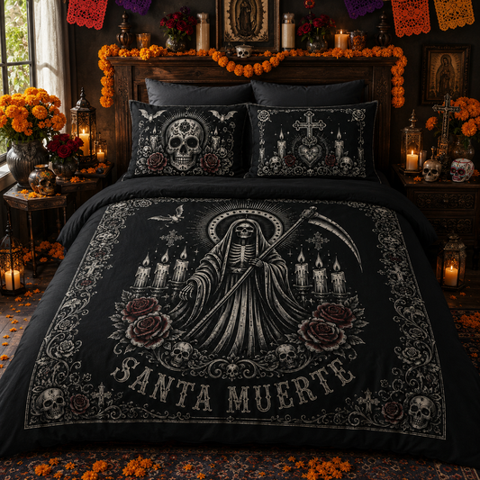 Santa Muerte Quilt Bed Set | Gothic Holy Death Pillow and Quilt