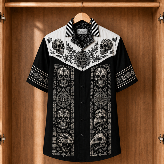 Aztec Skull Hawaiian Shirt – Mexican Warrior Day of the Dead Button Up