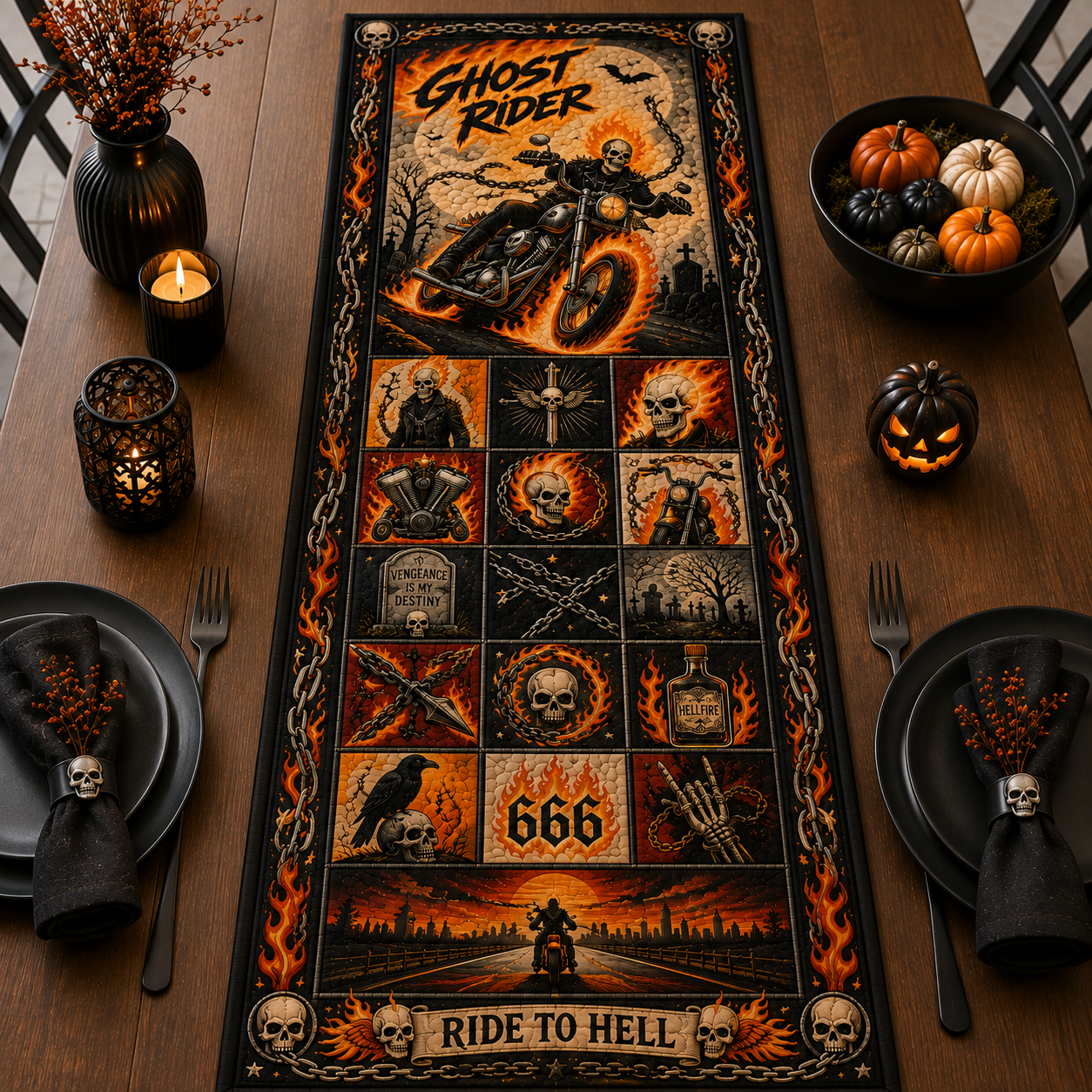 Ghost Rider Halloween Table Runner, Flaming Skull Biker Decor, Gothic Motorcycle Table Runner, Horror Dining Decor, Spooky Fall Home Decoration