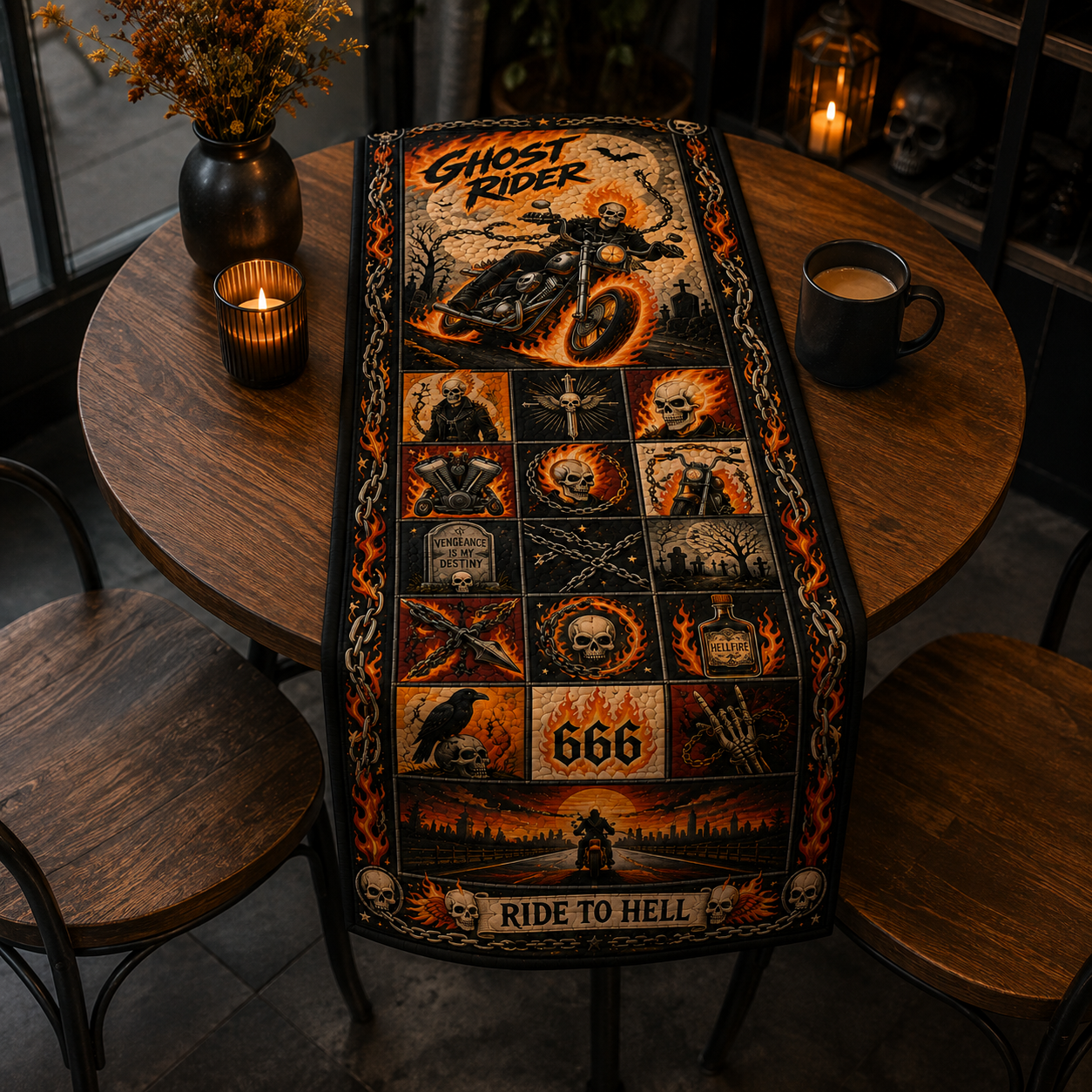 Ghost Rider Halloween Table Runner, Flaming Skull Biker Decor, Gothic Motorcycle Table Runner, Horror Dining Decor, Spooky Fall Home Decoration