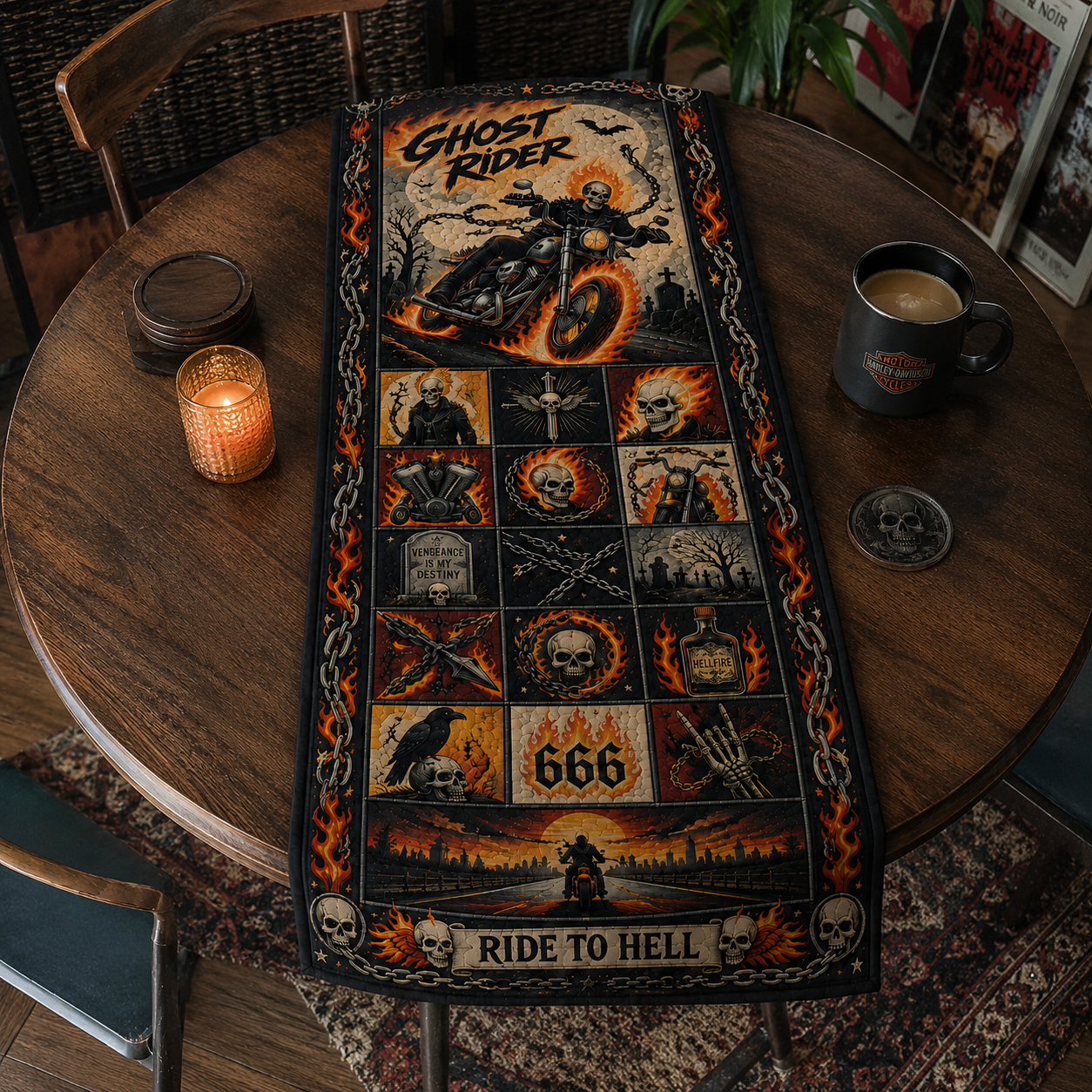 Ghost Rider Halloween Table Runner, Flaming Skull Biker Decor, Gothic Motorcycle Table Runner, Horror Dining Decor, Spooky Fall Home Decoration