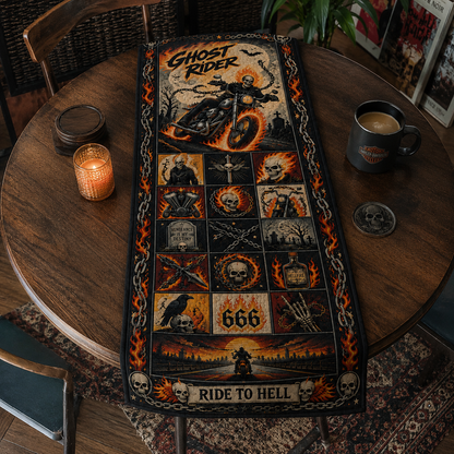 Ghost Rider Halloween Table Runner, Flaming Skull Biker Decor, Gothic Motorcycle Table Runner, Horror Dining Decor, Spooky Fall Home Decoration