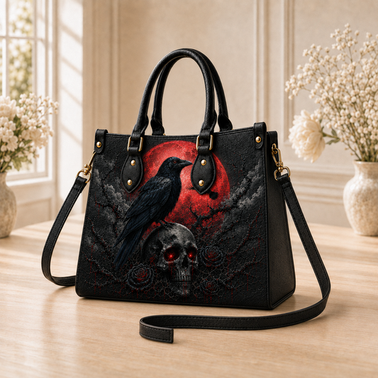 Raven Skull Handbag & Wallet Set – Red Moon Gothic Crow Purse, Dark Fantasy Skull Bag, Gothic Gift for Women