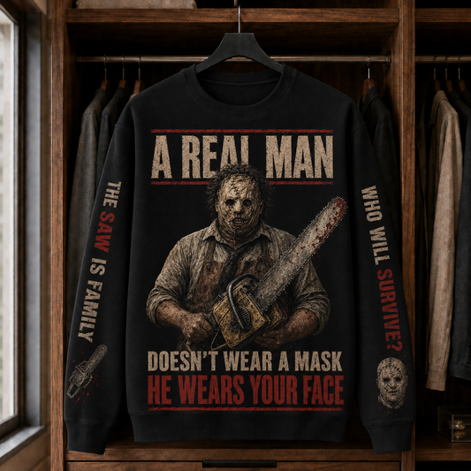 Leatherface Horror Sweatshirt – Texas Chainsaw Massacre Halloween Crewneck, Slasher Movie Graphic Sweater