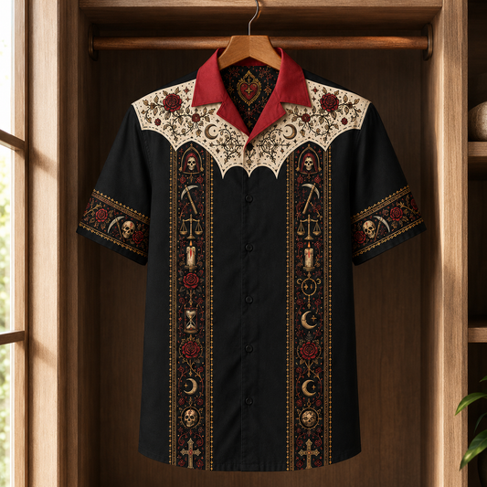 Santa Muerte Hawaiian Shirt, Day of the Dead Skull Shirt, Vintage Occult Rose Print