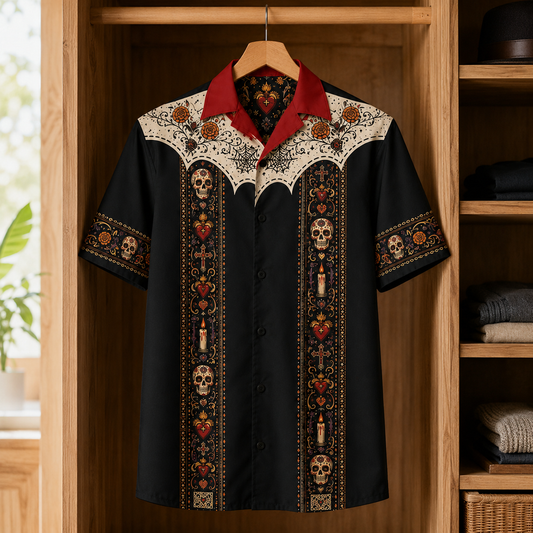 Day of the Dead Hawaiian Shirt, Catrina Skeleton Floral Shirt, Sugar Skull Rose & Candle Print, Vintage Mexican Folk Art Button Up Shirt