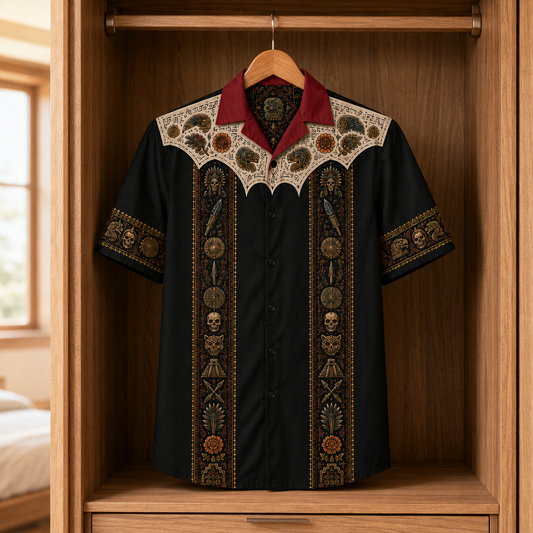 Aztec Day of the Dead Hawaiian Shirt Ancient Mayan & Mexican Tribal Skull Print, Vintage Aztec Warrior Button Up Shirt