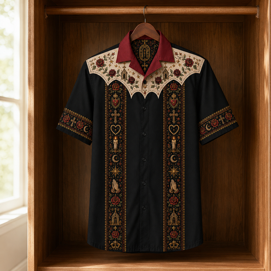 Gothic Virgin Mary Hawaiian Shirt, Religious Sacred Heart Floral Shirt, Vintage Catholic Madonna Rose & Cross Print, Dark Academia Button Up Shirt