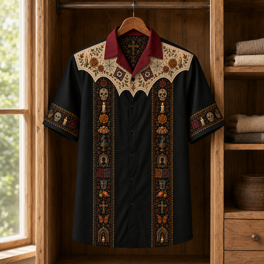 Day of the Dead Hawaiian Shirt, Sugar Skull & Candle Altar Print, Mexican Folk Art Skeleton Shirt, Vintage Catrina Halloween Button Up Shirt, Dark Alternative Fashion