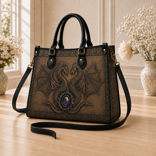 Twin Dragons  Zipper Illusion Handbag, Tote Bag & Wallet– Vintage Fantasy Leather Tote