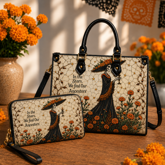 Day of the Dead Skeleton Handbag & Wallet Set – La Catrina Floral Purse, Marigold Gothic Tote, Día de los Muertos Gift