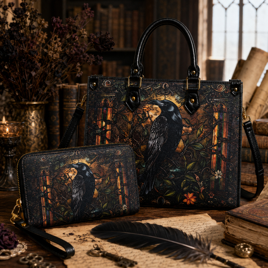 Raven Grimoire Tote Bag & Wallet Set – Vintage Stained Glass Crow Handbag, Dark Academia Purse, Vintage Gothic Gift for Her