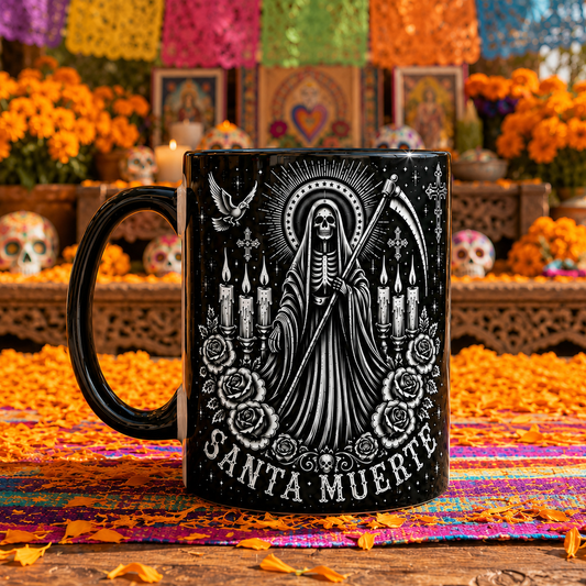 Santa Muerte Mug – Black Gothic Skeleton Coffee Cup, Mexican Folk Art Death Saint Mug, Día de los Muertos Gift