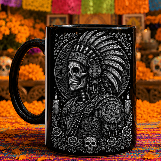Aztec Skull Mug – Warrior Skeleton Coffee Cup, Mesoamerican Calendar Gothic Mug, Día de los Muertos Inspired Gift