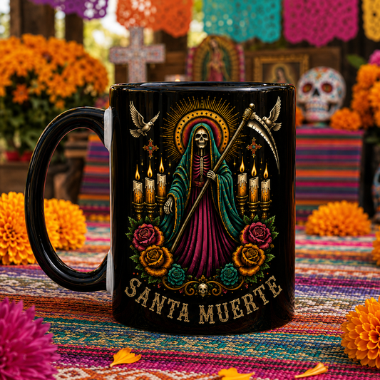 Santa Muerte Floral Mug – Gothic Skull Coffee Cup, Sacred Heart & Rose Design, Día de los Muertos Inspired Gift
