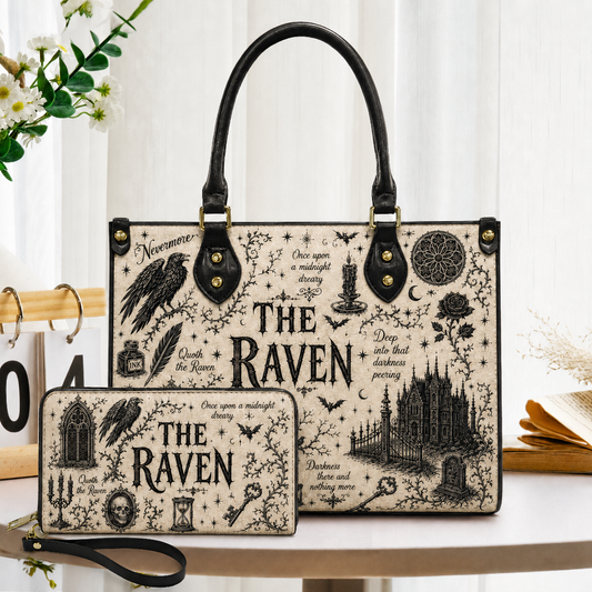 The Raven Doodle Art Tote Bag & Wallet Set – Edgar Allan Poe Inspired Gothic Handbag, Vintage Literary Raven Purse