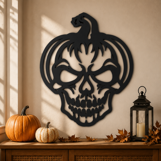 Halloween Skull Pumpkin Metal Sign, Spooky Jack O Lantern Wall Art, Gothic Fall Decor