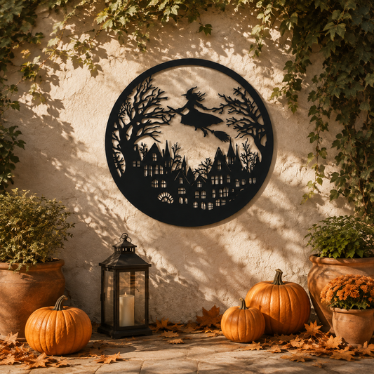 Halloween Witch Metal Sign, Flying Witch Haunted House Wall Art, Spooky Gothic Home Decor