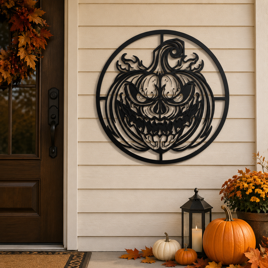 Halloween Evil Pumpkin Metal Sign, Scary Jack O Lantern Wall Art, Gothic Fall Porch Decor