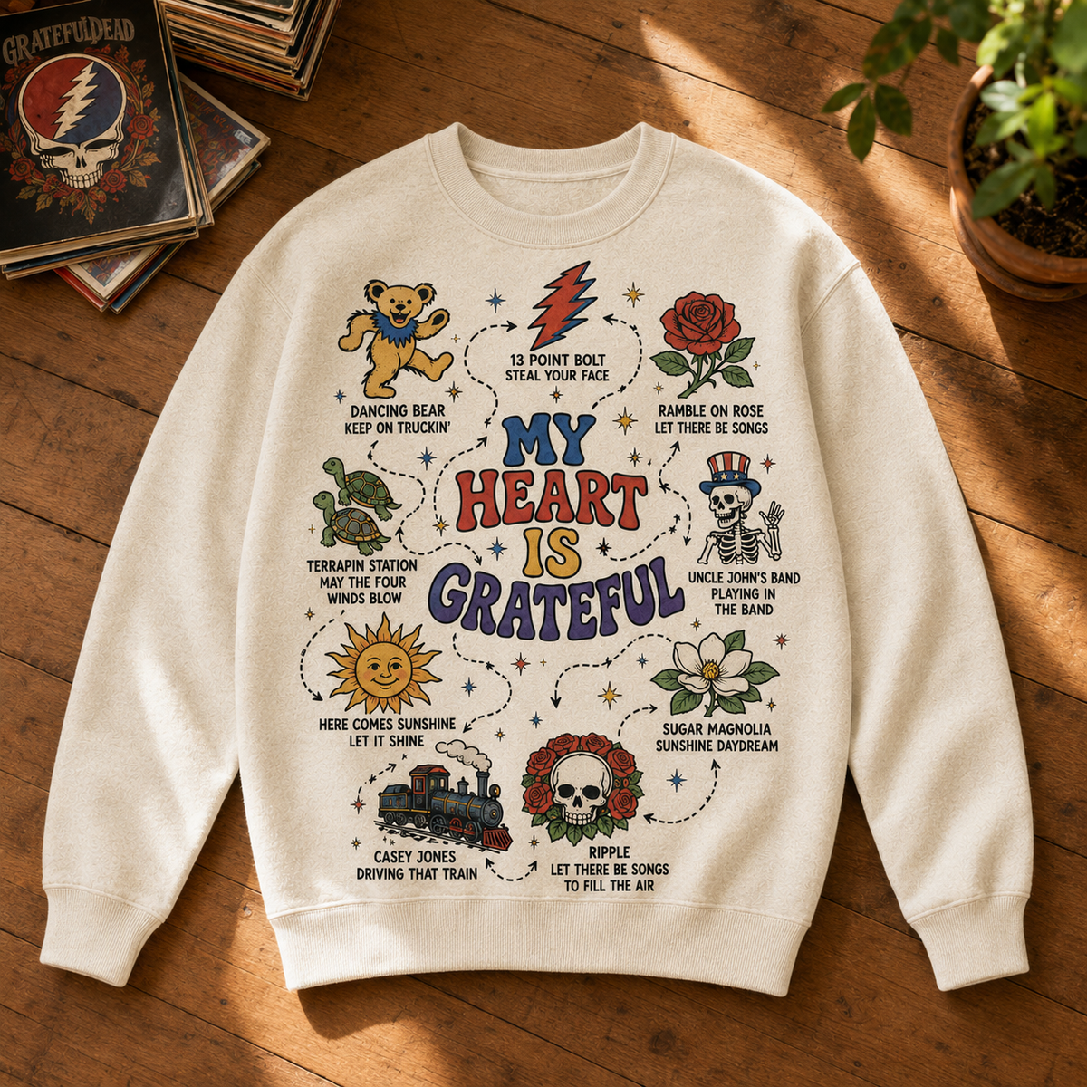 Grateful Dead Sweatshirt – My Heart Is Grateful Dancing Bear, Terrapin Station & Steal Your Face Deadhead Crewneck