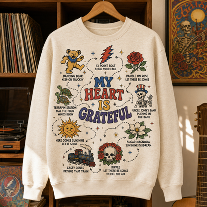 Grateful Dead Sweatshirt – My Heart Is Grateful Dancing Bear, Terrapin Station & Steal Your Face Deadhead Crewneck