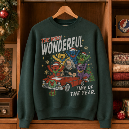 Grateful Dead Christmas Sweatshirt – Jerry Garcia & Dancing Bears Holiday Road Trip Crewneck, Deadhead Christmas Gift