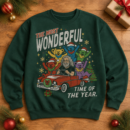 Grateful Dead Christmas Sweatshirt – Jerry Garcia & Dancing Bears Holiday Road Trip Crewneck, Deadhead Christmas Gift