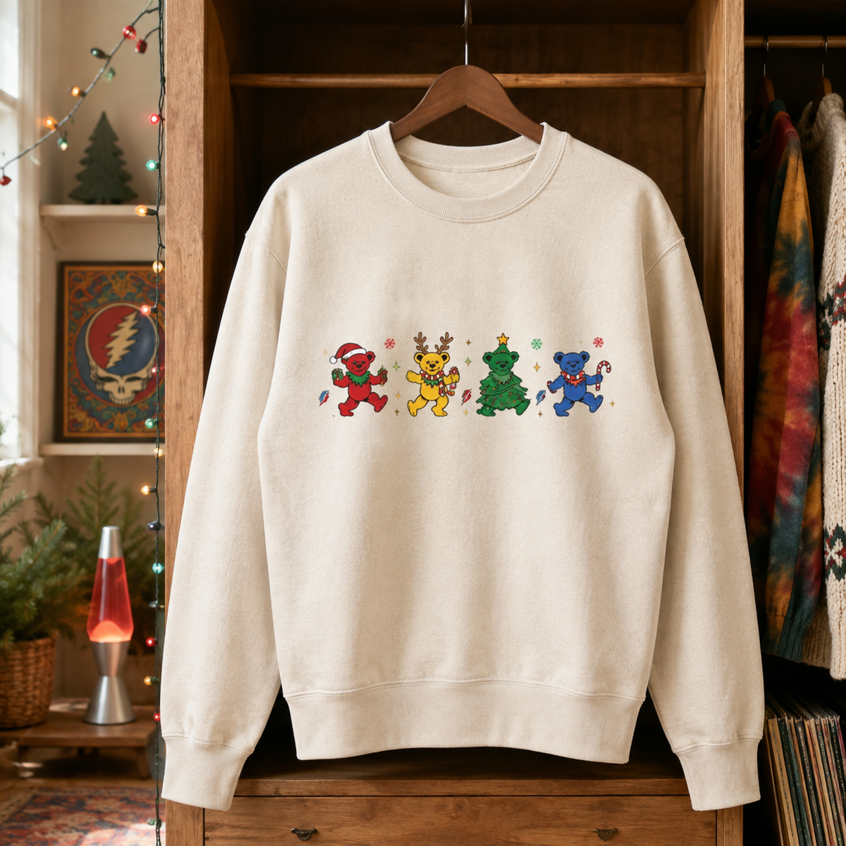 Festive Grateful Dead Christmas Sweater- Dancing Bears Holiday Crewneck, Cute Deadhead Xmas Sweater Gift