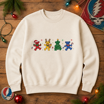 Festive Grateful Dead Christmas Sweater- Dancing Bears Holiday Crewneck, Cute Deadhead Xmas Sweater Gift