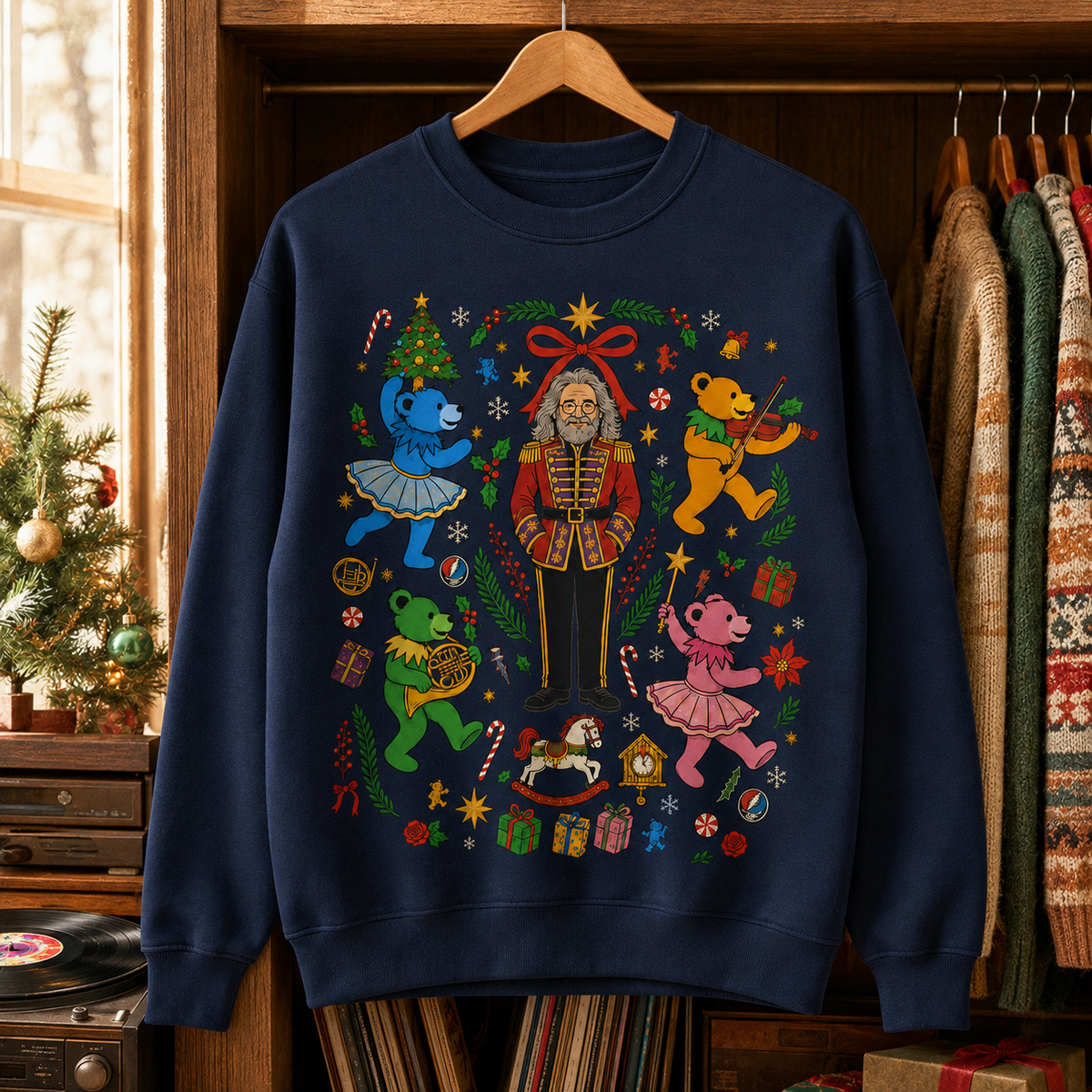 Grateful Dead Nutcracker Christmas Sweatshirt – Jerry Garcia & Dancing Bears Holiday Crewneck, Deadhead Xmas Gift