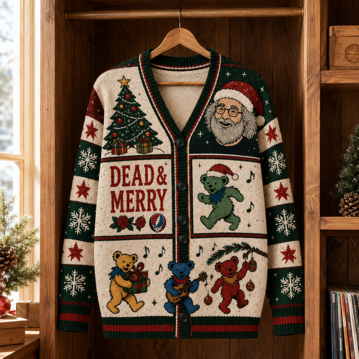 Dead & Merry Christmas Sweatshirt– Jerry Garcia & Dancing Bears Dead & Merry Holiday Sweater, Deadhead Gift