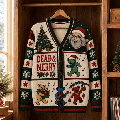 Dead & Merry Christmas Sweatshirt– Jerry Garcia & Dancing Bears Dead & Merry Holiday Sweater, Deadhead Gift