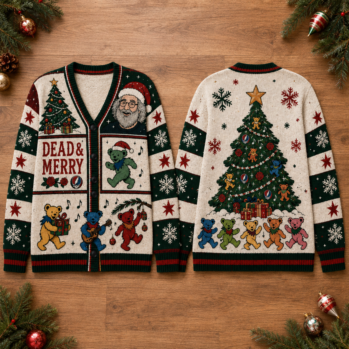 Dead & Merry Christmas Sweatshirt– Jerry Garcia & Dancing Bears Dead & Merry Holiday Sweater, Deadhead Gift