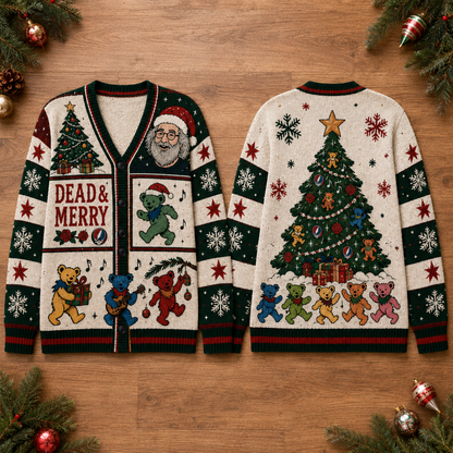 Dead & Merry Christmas Sweatshirt– Jerry Garcia & Dancing Bears Dead & Merry Holiday Sweater, Deadhead Gift