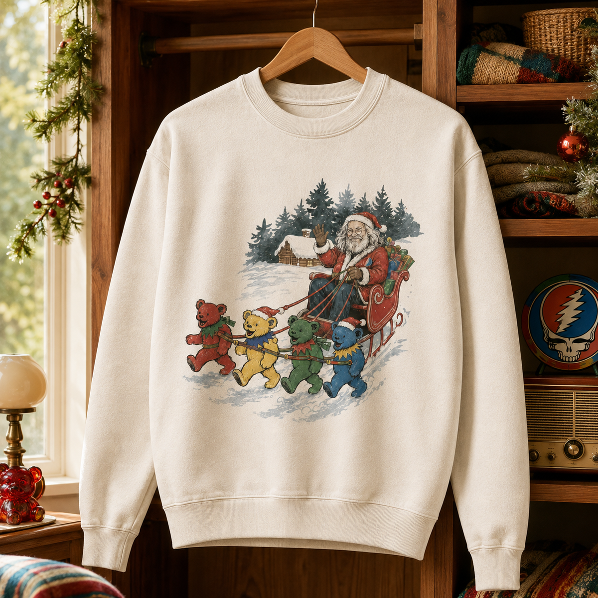 Grateful Dead Christmas Sweatshirt – Jerry Garcia Santa Sleigh with Dancing Bears, Deadhead Holiday Crewneck