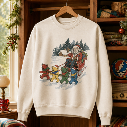 Grateful Dead Christmas Sweatshirt – Jerry Garcia Santa Sleigh with Dancing Bears, Deadhead Holiday Crewneck