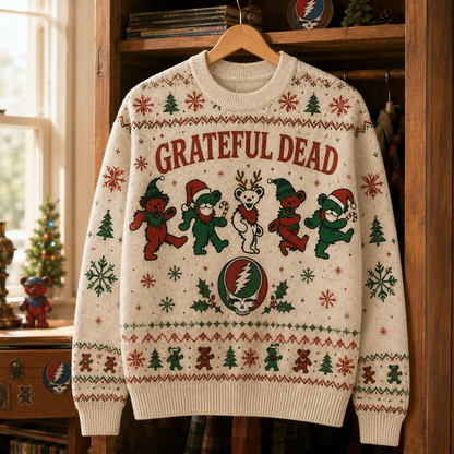Festive Grateful Dead Ugly Xmas Sweater – Steal Your Face Knit, Festive Dancing Bears