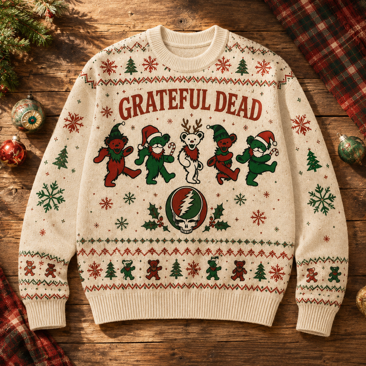 Festive Grateful Dead Ugly Xmas Sweater – Steal Your Face Knit, Festive Dancing Bears
