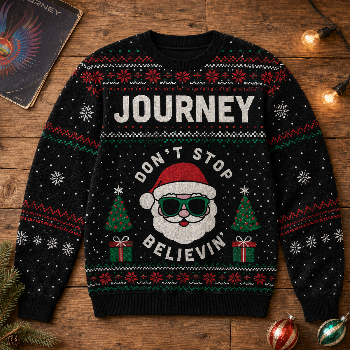 Journey Christmas Sweater – Don’t Stop Believin’ Santa Ugly Christmas Sweater, Classic Rock Holiday Gift