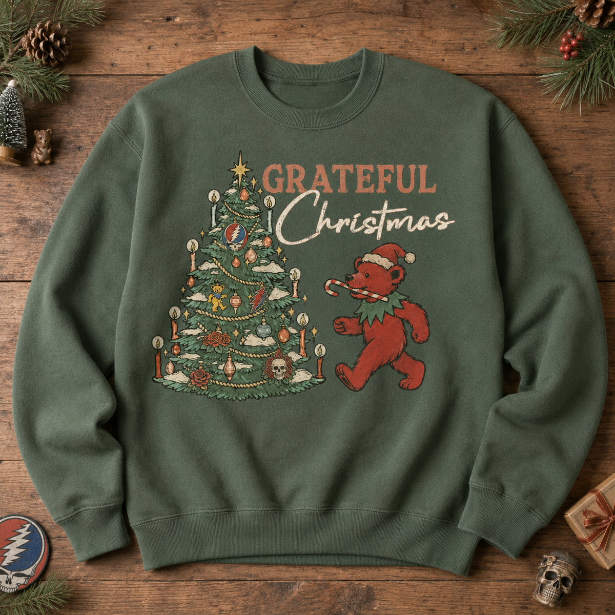 Dancing Bear & Steal Your Face Christmas Tree Holiday Crewneck, Deadhead Gift