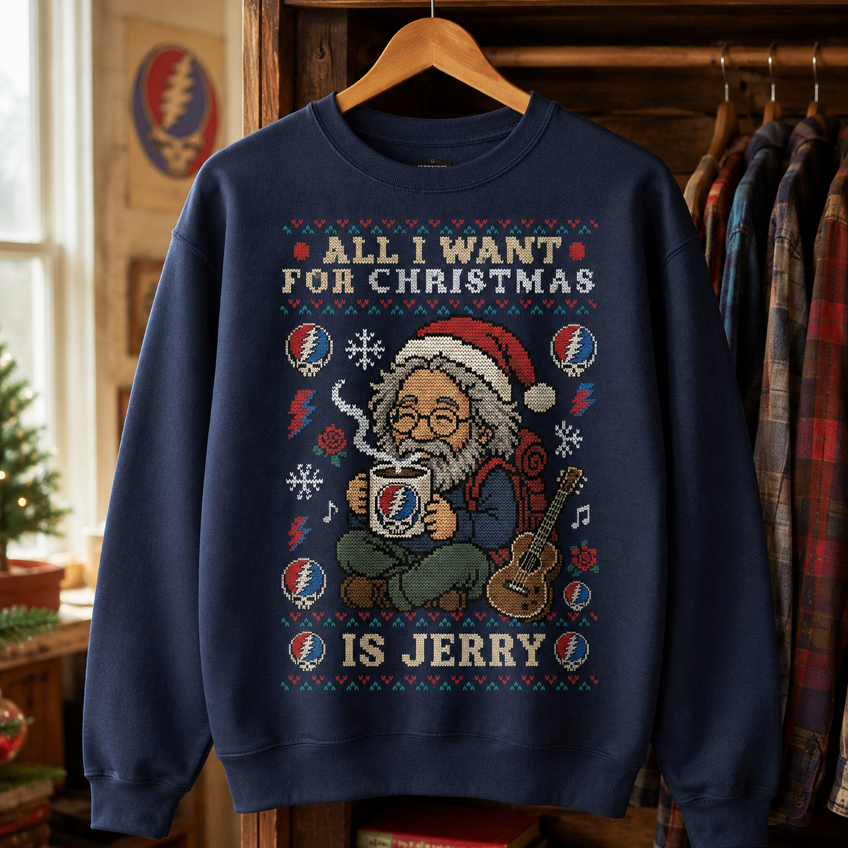 All I Want For Christmas Is Jerry Sweater, Jerry Garcia Christmas Sweatshirt, Grateful Dead Ugly Holiday Sweater