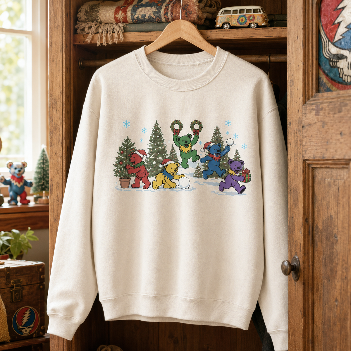 Grateful Dead Christmas Miracle Sweatshirt – Dancing Bears Snow Day Holiday Crewneck, Deadhead Winter Christmas Gift