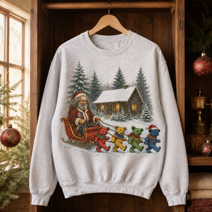 Grateful Dead Christmas Sweatshirt – Jerry Garcia Santa Sleigh & Dancing Bears Holiday Crewneck, Deadhead Xmas Gift
