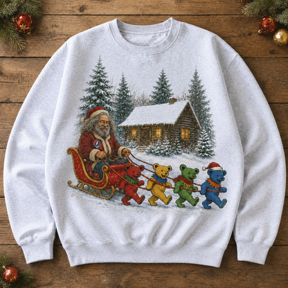Grateful Dead Christmas Sweatshirt – Jerry Garcia Santa Sleigh & Dancing Bears Holiday Crewneck, Deadhead Xmas Gift