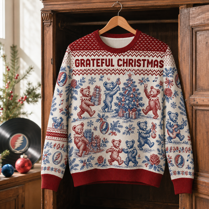 Grateful Dead Christmas Sweater – Dancing Bears Toile de Jouy Holiday Knit, Deadhead Ugly Christmas Sweater